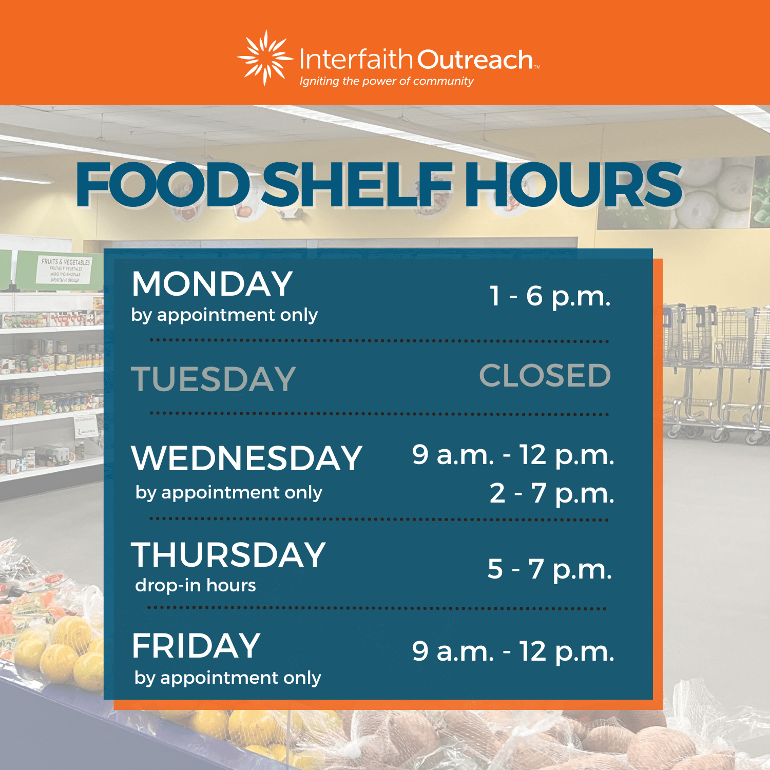 IOCP Food Shelf Hours include by appointment and drop-in times.